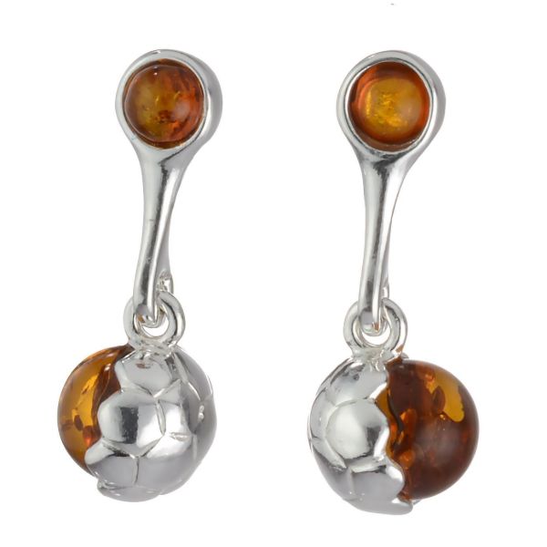 Sterling silver Baltic honey amber soccer ball dangle earrings with post back closure, featuring round honey amber studs and dangling soccer-inspired amber drops.