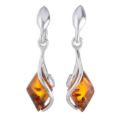 Elena genuine Baltic honey amber earrings in 925 sterling silver with post back closure, lightweight dangle design showing natural amber inclusions on white background