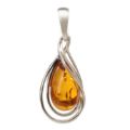 Micaela genuine Baltic honey amber teardrop pendant in 925 sterling silver with flowing open-frame design on white background