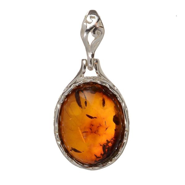 Genuine Baltic honey amber oval pendant in 925 sterling silver with natural fossil inclusions, handcrafted European amber jewelry with polished silver bail on white background