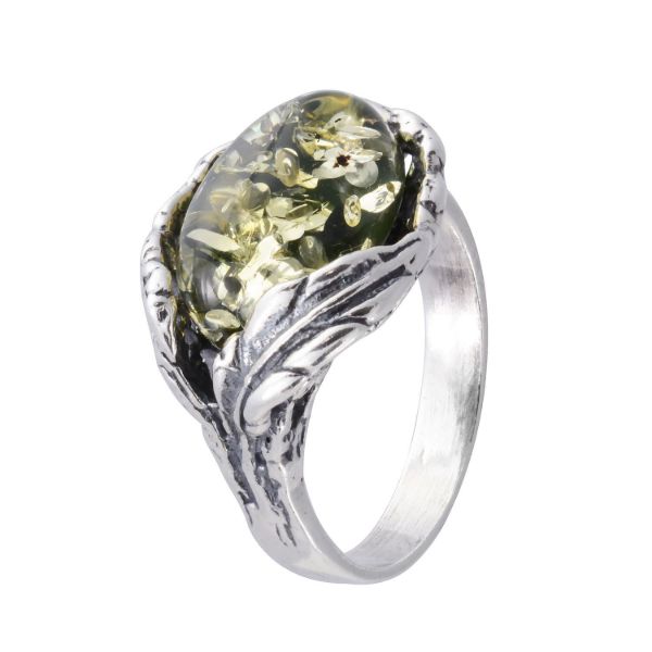 Sterling Silver and Baltic Green Amber Ring "Katharina"