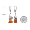 Size reference image of GIA Certified Baltic honey amber rose dangle earrings in 925 sterling silver, shown as 1.7 inches long next to a U.S. dime.