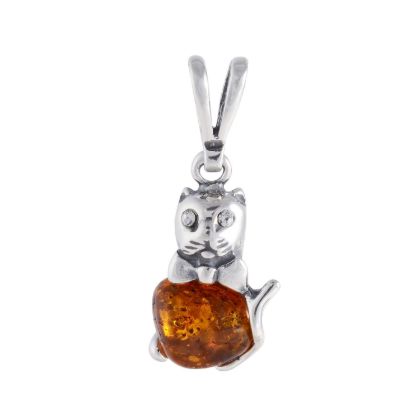 Sterling Silver and Baltic Honey Amber Pendant "Cat" With Crystals