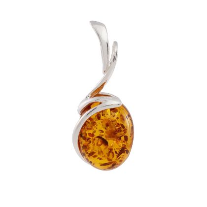 Lauren oval honey Baltic amber pendant in 925 sterling silver swirl setting with 18-inch chain, handcrafted in Poland
