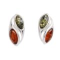 Dual green and honey Baltic amber stud earrings in 925 sterling silver, oval two-stone post earrings for women showing natural amber inclusions on white background