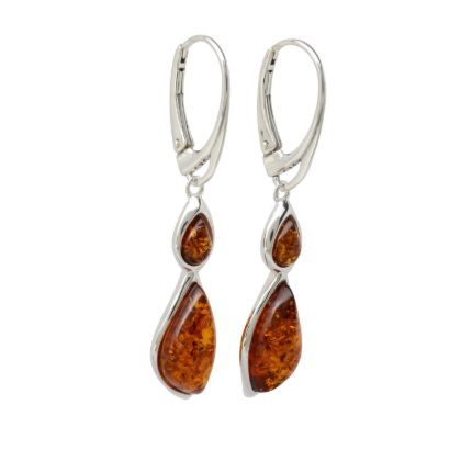 Samara genuine Baltic honey amber dangle earrings in 925 sterling silver with leverback hooks, featuring two amber cabochons on a white background.