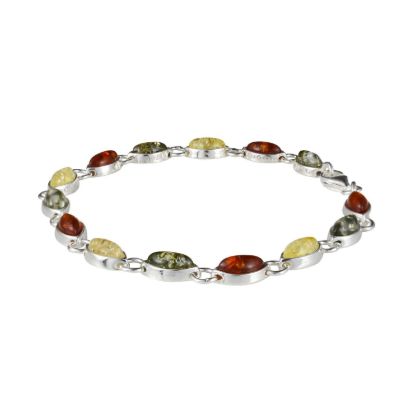 Genuine multi-color Baltic amber bracelet in 925 sterling silver with natural honey, cognac, lemon and green amber cabochons, 7.5 inch women’s handmade Polish amber jewelry with lobster clasp