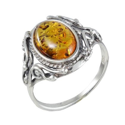 Sterling silver ring with oval Baltic honey amber stone in an ornate vintage-style setting