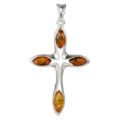 Genuine Baltic honey amber cross pendant necklace in 925 sterling silver with four natural amber stones, handcrafted Christian jewelry on white background