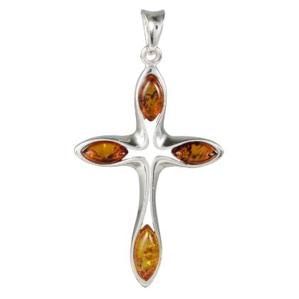 Genuine Baltic honey amber cross pendant necklace in 925 sterling silver with four natural amber stones, handcrafted Christian jewelry on white background