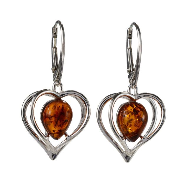 Sterling Silver and Baltic Honey Amber French Leverback Earrings "Hearts"