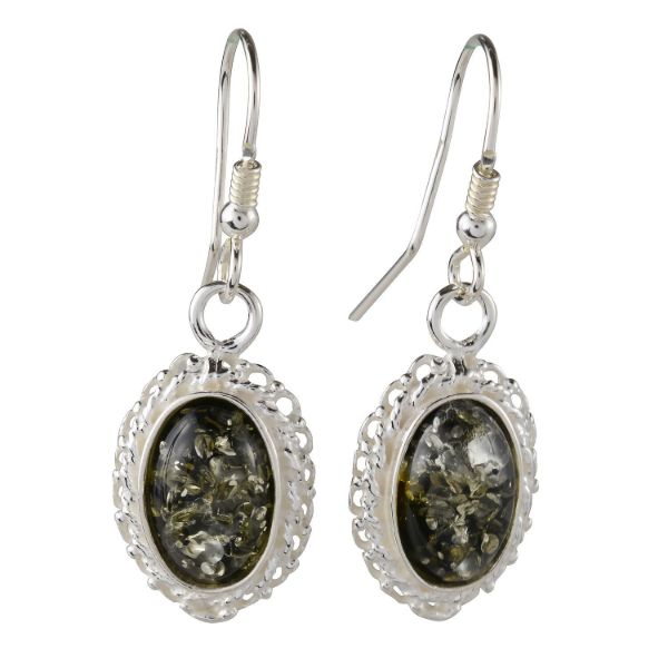 Sterling Silver and Baltic Green Amber Fish Hook Earrings "Cecilie"