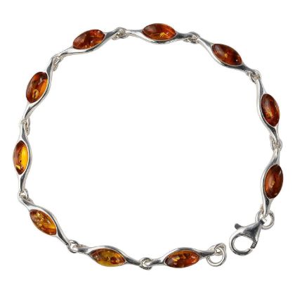 "GIA certified Baltic honey amber link bracelet in 925 sterling silver with cabochon stones and lobster clasp on white background" bracelet