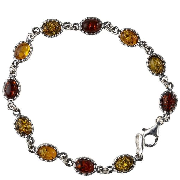 Sterling Silver Multicolored Baltic Amber Bracelet "Daisy", Amber Jewelry Collection