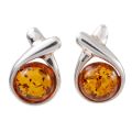 "Sorina genuine Baltic honey amber stud earrings in 925 sterling silver, handcrafted Polish amber jewelry with round honey amber stones on white background"