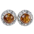 Sterling Silver and Round Baltic Honey Amber Stud Earrings "Ida"