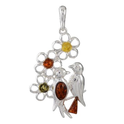 Sterling Silver and Baltic Amber Two Birds Spirit Pendant