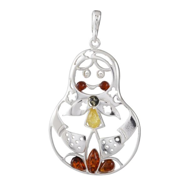 Sterling Silver and Baltic Multicolored Amber Russian Doll  Pendant "Matryoshka"