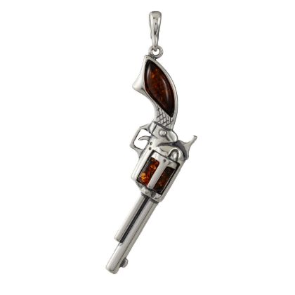 Sterling Silver and Baltic Amber  Pistol Gun Revolver Pendant - SKU 053926495177