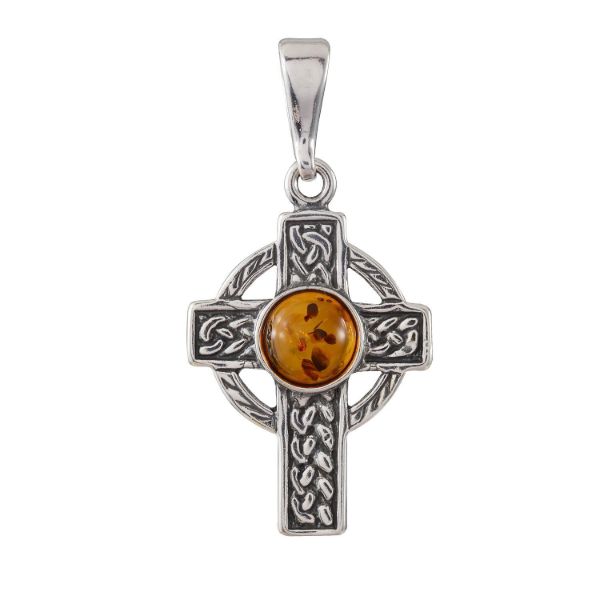 Sterling Silver and Baltic Honey Amber Celtic Knot Cross Pendant Necklace