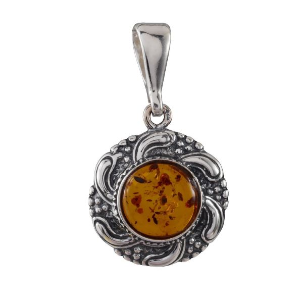 Sterling Silver and Baltic Honey Amber Round Pendant
