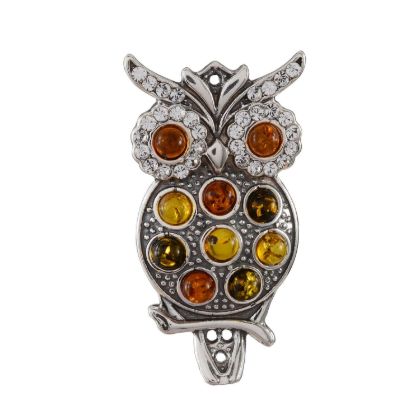 Sterling Silver and Baltic Multicolored Amber Owl Brooch