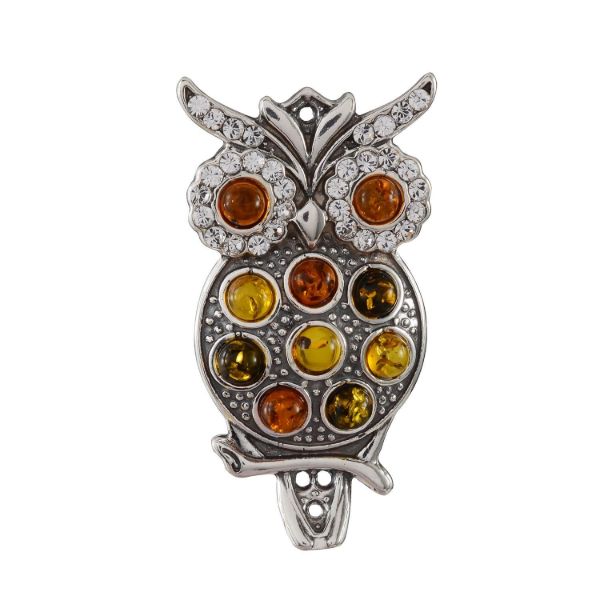 Sterling Silver and Baltic Multicolored Amber Owl Brooch
