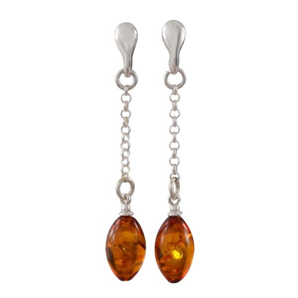 Sterling Silver and Baltic Honey Amber Post Back Olive Shaped Earrings