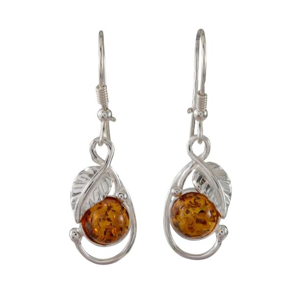 Sterling Silver and Baltic Honey Amber Kidney Hook Leaf Earrings