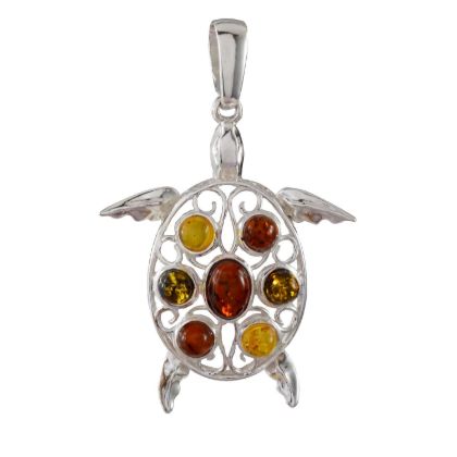 Sterling Silver and Multicolored Baltic Amber Turtle Pendant