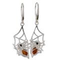 Sterling Silver and Baltic Honey and Green Amber French Leverback Earrings "Spider On The Web"