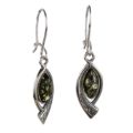 Emma genuine Baltic green amber drop earrings in 925 sterling silver, marquise-shaped openwork setting with leverback hooks, white background