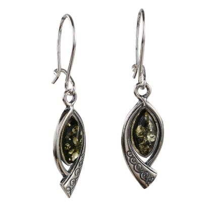 Emma genuine Baltic green amber drop earrings in 925 sterling silver, marquise-shaped openwork setting with leverback hooks, white background