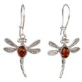 Baltic Honey Amber Dragonfly Drop Earrings in Sterling Silver
