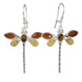 Sterling Silver and Baltic Multicolored Amber Kidney Hook  Dragonfly Earrings