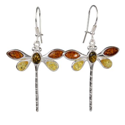 Sterling Silver and Baltic Multicolored Amber Kidney Hook  Dragonfly Earrings