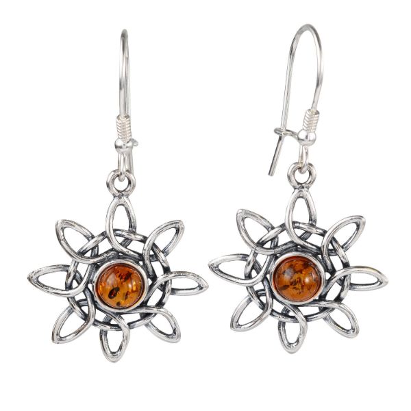 Sterling Silver Baltic Honey Amber Kidney Hook Sun Earrings