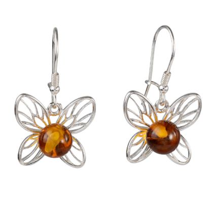 Sterling Silver and Baltic Honey Amber Kidney Hook  Earrings Lady Butterfly