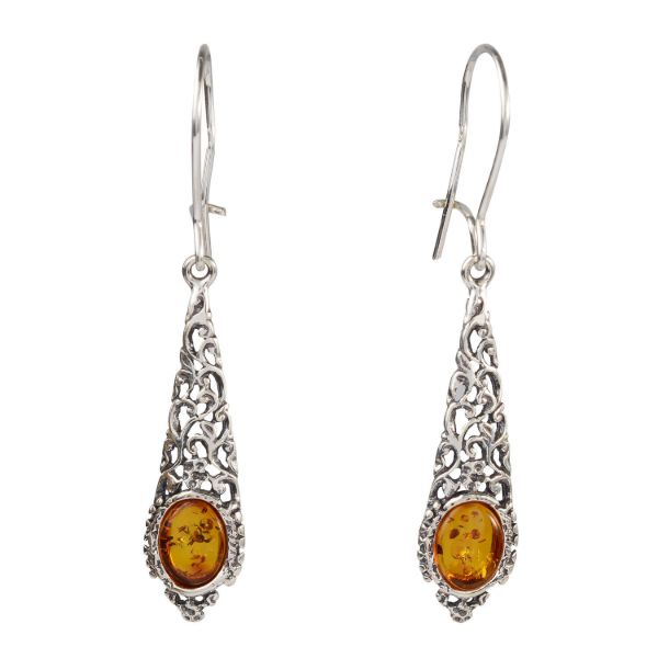 Sterling Silver and Baltic Honey Amber Kidney Hook  Earrings "Flora"