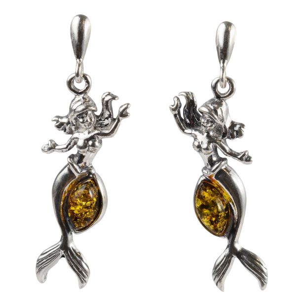 Sterling Silver and Baltic Green Amber Post Back Mermaid Earrings