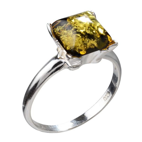 GIA Certified Sterling Silver and Baltic Green Amber Square Ring with silver setting main picture