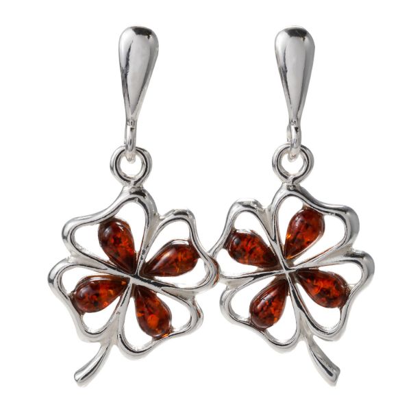 Sterling Silver and Baltic Amber Post Back Honey Amber Shamrock Earrings