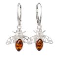 Sterling Silver and Baltic Honey Amber Bumble Bee Earrings, French Leverback Dangle Earrings, Statement Gemstone Earrings, UPC 053926498970
