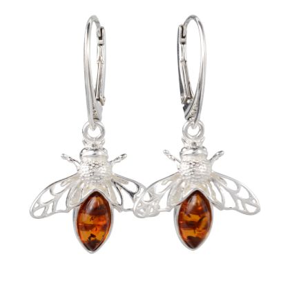 Sterling Silver and Baltic Honey Amber Bumble Bee Earrings, French Leverback Dangle Earrings, Statement Gemstone Earrings, UPC 053926498970