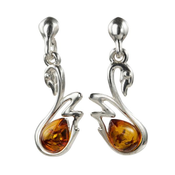 Sterling Silver and Baltic Honey Amber Earrings "Swan"