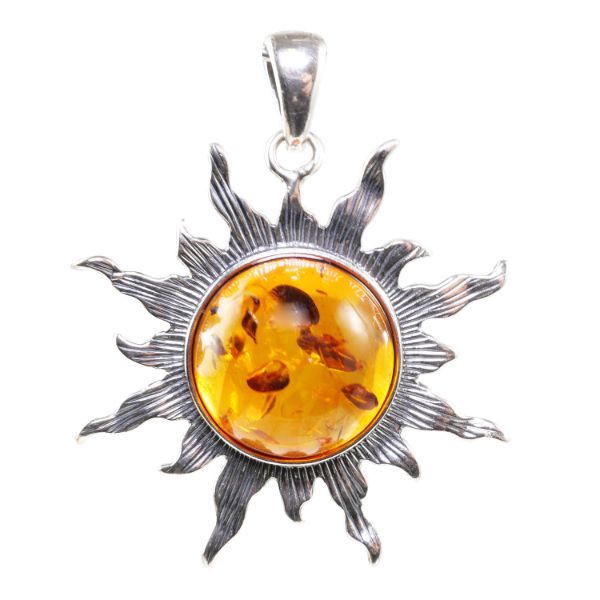 Sterling Silver and Baltic Amber "Flaming Sun" Pendant (Medium)