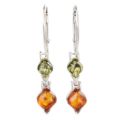 Front view of genuine Baltic honey and green amber drop earrings in 925 sterling silver with French leverback hooks, shown on a white background.