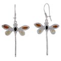 Sterling Silver and Baltic Multicolored Amber Kidney Hook  Dragonfly Earrings