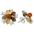 Clemence multicolor Baltic amber bow stud earrings in 925 sterling silver featuring honey, lemon, and green amber cabochons with post back closure, front and side view on white background