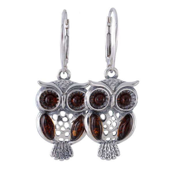 Sterling Silver and Baltic Amber French Lever Back  Owl Earrings
